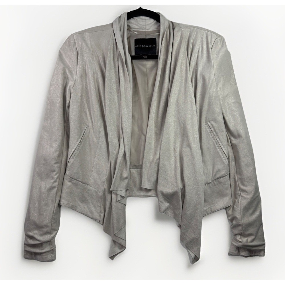 Rock & Republic Drape Jacket Women Small Silver Metallic Open Front Waterfall